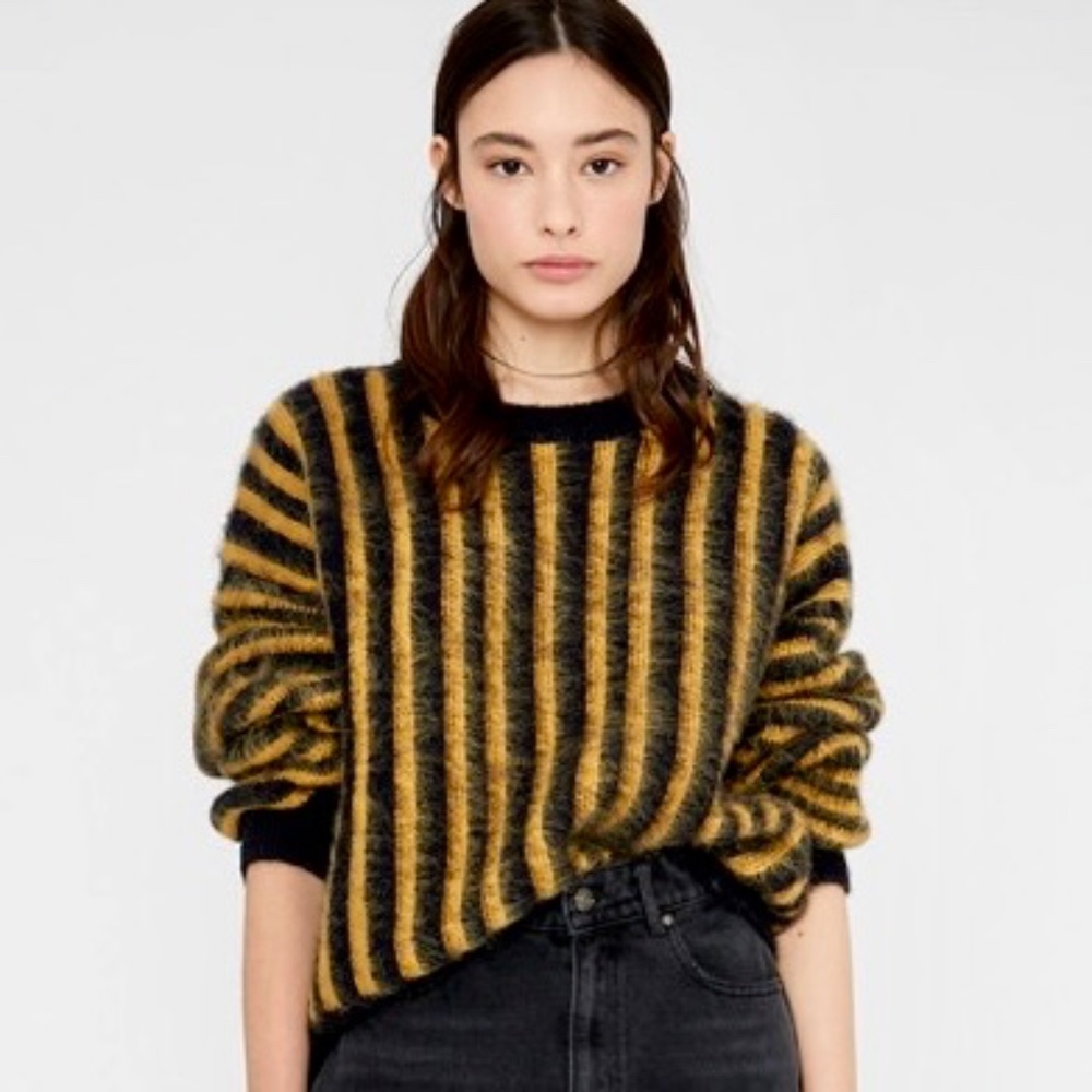 Wild Pony Fuzzy Sweater Black & Yellow Tiger Stripe Oversized Women Size S/M